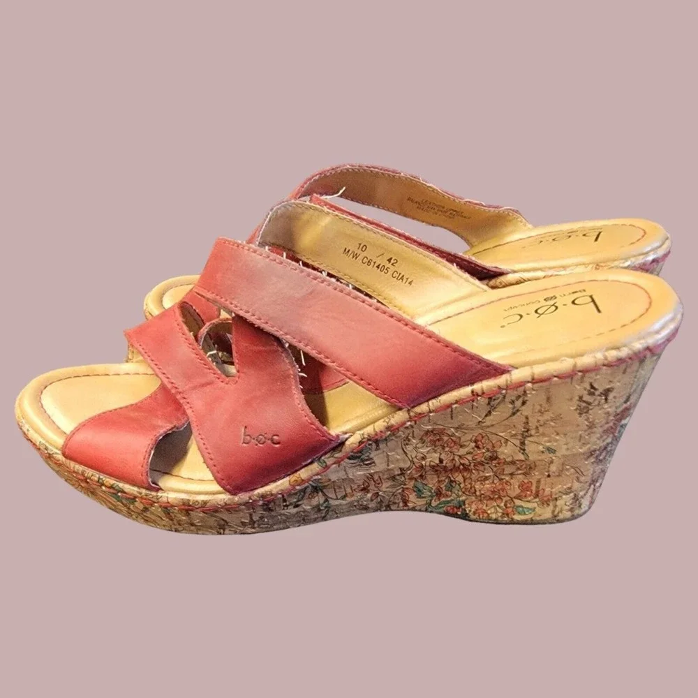 Born BOC‎ Wedge Sandals Women's 10 Red Leather Floral Platform Slip On Comfort